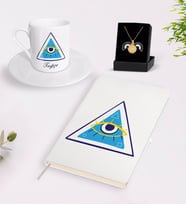 BK Gift Kişiye Özel Nazar Temalı Beyaz Defter Türk Kahvesi Fincanı ve Açılan Nazar Kolye Hediye Seti-3 (Model 1)