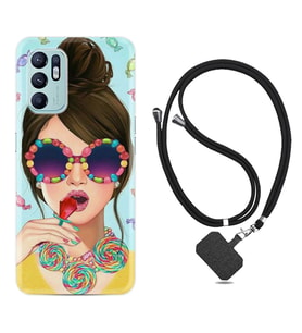 Oppo Reno 6 Kılıf Resimli Boyun Askılı İpli Desenli Silikon Sugar and Woman 1418