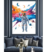 Renkli Uzayda Yürüyen Astronot Dekoratif Kanvas - Mdf Ahşap Tablo
