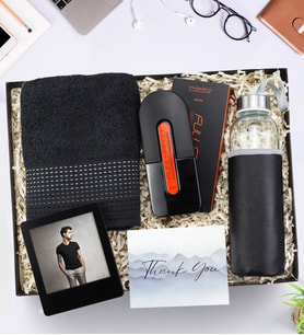 Deri Kılıflı Su Matarası & Avon Full Speed Erkek Parfüm & Siyah Havlu & Siyah İnstagram Çerçeve Erkeğe Hediye Seti