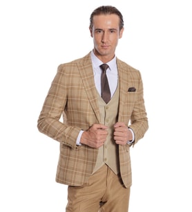 Ekose Ceketli Slim Fit Bej Erkek Takım Elbise - Wessi (Taba)