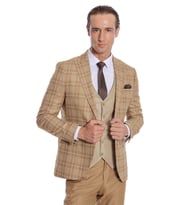 Ekose Ceketli Slim Fit Bej Erkek Takım Elbise - Wessi (Taba)