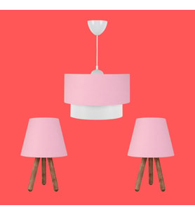ArtGift Üçlü Avize Ve Abajur Seti Ahşap Ayak Pembe Kumaş Başlık Yatak Odası Çocuk Odası Salon 