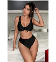 Angelsin Şık Yüksek Bel Bikini Takım (Çıkartılabilir Kaplı) (Siyah)