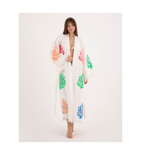Müslin Kimono %100 Pamuklu Mercan Desenli Bornoz Kaftan Sabahlık (Ekru)