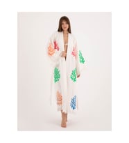 Müslin Kimono %100 Pamuklu Mercan Desenli Bornoz Kaftan Sabahlık (Ekru)