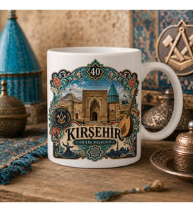 Kırşehir Temalı Hediyelik Kupa Bardak - 40 Plaka Ahilik Başkenti Çini ve Selçuklu Motifli Özel Tasarım Kupa