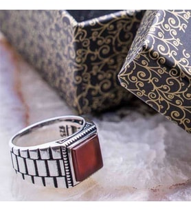 925 Ayar Gümüş Kare Akik Taşlı  Rolex işlemeli  Yüzük