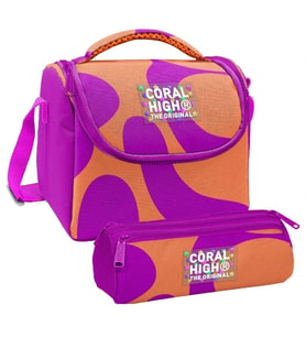 Coral High Kız Çocuk Turuncu Mor Renkli Çizgili Thermo Beslenme Çantası ve Üç Bölmeli Kalem Çantası Seti