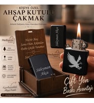 Hızlı Kargo Kişiye Özel Çift Yön Baskı Seçeneğiyle Metal Çakmak - Ahşap Kutulu - Aslan Kartal Kurt Logo Tasarım Seçenekleriyle
