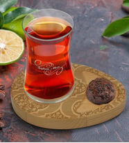 BK Gift Kişiye Özel Retro Motif Tasarımlı Doğal Ahşap Tabaklı Heybeli Çay Bardağı Sunum Seti Model 14