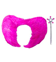 Gerçek Tüylü Katlanabilir Çocuk Pembe Melek Kanadı ve Asa Seti 40x55 cm (Karışık)