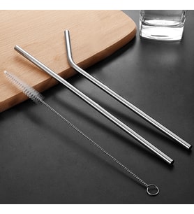 Ekstra Uzun Paslanmaz Çelik Pipet Seti – 3 Parça (Eğri + Düz + Fırça)