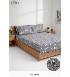 More Home  Çift Kişilik Lastikli Çarşaf  Seti + Yastık Kılıfı Gri Yıldızlı