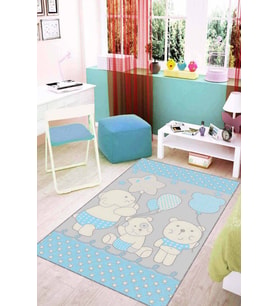 Mavi Kaymaz Tabanlı Yıkanabilir Ayıcıklı Bebek Halısı KD16