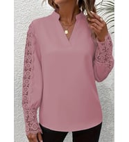 Kadın Uzun Kollu Hakim Yaka Kolları Dantel Detaylı Ithal Krep Bluz (Pembe)