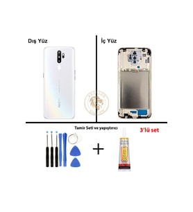 Oppo A5 2020 Beyaz Uyumlu Lensli Orta Kasa + Yapıştırıcı ve Vida Seti Full Kasa Kapak Gövde Housing