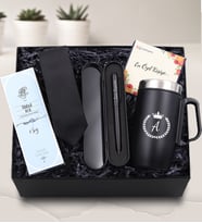Kişiye Özel 280 ML Kulplu Çelik Termos & Metal Kutusunda Siyah Tükenmez Kalem & Siyah Kravat & Rebul Ice Kolonya Hediye Seti