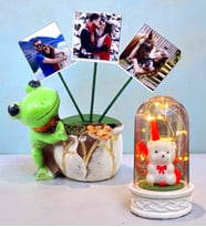 Kişiye Özel Hediye Seti 3 Fotoğraflı Kurbağa Tasarımlı Saksı ve Led Işıklı Fanus Seti (Model 5)