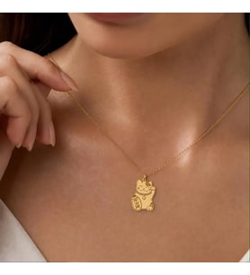 Kişiye Özel 925 Ayar Gümüş Çin Şans Kedisi Neko Kolye (Gold)
