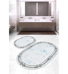 Dijital Baskılı Kaymaz Taban Yıkanabilir Oval 2'li Klozet Takımı Banyo Paspası NOKZ-SD-310 (Mavi)