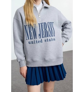 Oversize Fermuarlı Yaka Uzun Kalıp Kalın Polarlı Slogan Baskılı Fermuarlı Örme Sweatshirt (Gri-Melanj)