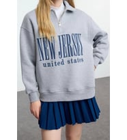 Oversize Fermuarlı Yaka Uzun Kalıp Kalın Polarlı Slogan Baskılı Fermuarlı Örme Sweatshirt (Gri-Melanj)