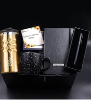 Kişiye Özel 300 ML Kristal Çelik Termos & Siyah Defter & Mat Siyah Roller Kalem & Yıldızlı Kupa Hediye Seti