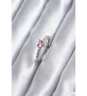 pilelistore Gümüş Renk Zirkon Taşlı Pembe Kristal Kalp Model Kadın Yüzük - TJ-BYK2851