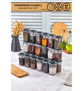 24 Parça Kendinden Kaşıklı 450 ml Antrasit Baharatlık Seti - 24'lü Baharatlık Seti