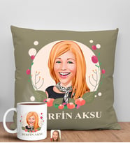 BK Gift Kişiye Özel Karikatürlü Anneler Günü Tasarımlı Haki Kırlent Yastık ve Kupa Seti, Anneye Hediye, Ev Dekorasyonu, Anneler Günü Hediyesi-1
