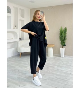 Kadın Kısa Kollu Bisiklet Yaka Viskon Iki Iplik Bluz Ve Pantolon Ikili Takım (Siyah)