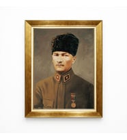 Tablore Kalpaklı Atatürk Portresi Altın Varaklı Çerçeveli Tablo - Yağlı Boya Görünümlü