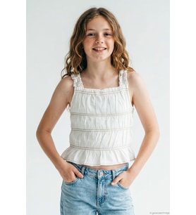Breeze Kız Çocuk Tişört Askılı Lastik Detaylı 6-12 Yaş , Ekru