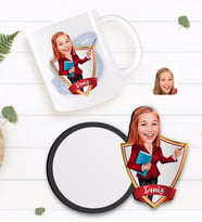 BK Gift Kişiye Özel Kadın Öğretmen Karikatürlü Beyaz Kupa ve Ahşap Bardak Altlığı Hediye Seti-3