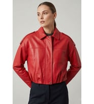 Narçiçeği Hakiki Deri Oversize Crop Kemerli Omuz Apolet Detaylı Kadın Ceket