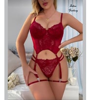 Intive Fantasy Kırmızı/Bordo Dantelli Büstiyerli Jartiyerli Dantelli Premium Takım