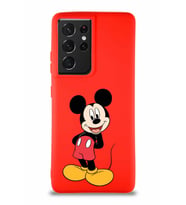 Samsung Galaxy S21 Ultra Soft Premier Kapak Mickey Mouse-B Tasarımlı Silikon Kılıf - Kırmızı (Şeffaf)
