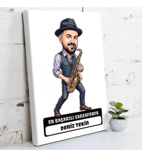 Saksafoncuyu Hediye Erkek Karikatürlü Kanvas Tablo