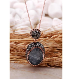 Doğal Kalsedon Taşlı Oval Rose Gümüş Kolye 7441