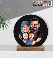 BK Gift Kişiye Özel Tesettürlü Aile Karikatürlü Yuvarlak Ahşap Biblo-4