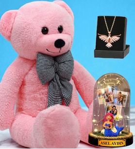 Büyük Boy Pembe Peluş Ayıcık, Kişiye Özel Led Işıklı Fanus ve Zümrüdü Anka Kuşu Kolye (Model 7)