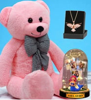Büyük Boy Pembe Peluş Ayıcık, Kişiye Özel Led Işıklı Fanus ve Zümrüdü Anka Kuşu Kolye (Model 7)