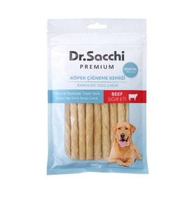 Dr.Sacchi Premium Sığır Etli Doğal Sığır Derisi Burgu Çubuk Tahılsız Köpek Ödülü 5'' 15'li 110 Gr (Krem)