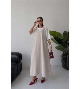 Neşeli butik kadın bej salaş kesim yazlık jile elbise tişört takım NBG131