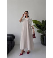 Neşeli butik kadın bej salaş kesim yazlık jile elbise tişört takım NBG131