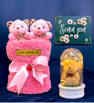 Kişiye Özel İsimli Hediye Seti  Led Işıklı Fanus & Pembe Peluş Saksıda 2li Peluş Buketi  Ayıcık Buketi (Model 4)