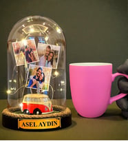 Size Özel Tasarım Led Işıklı Fanus ve Pembe Kupa Bardak Hediye Seti (Model 6)