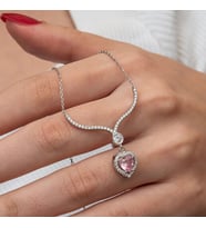 Pembe Taşlı Kalp Zirkon Taşlı 925 Ayar Gümüş Kadın Kolye
