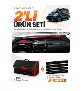 e-biz FİAT FİORİNO (2007-2026) Uyumlu Torpido Örtüsü + Deri Bagaj Çantası - Siyah-Kırmızı - FI013